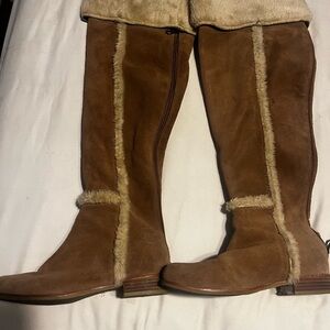 Brown Suede Knee-High Boots with Faux Fur Trim